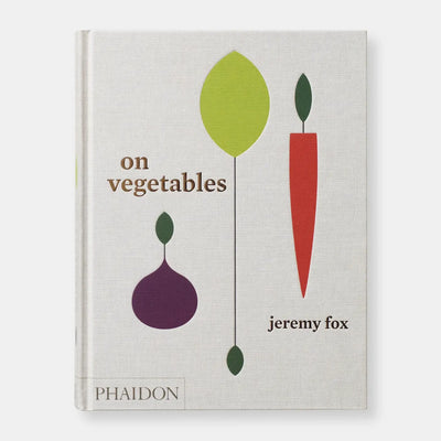 
                    
                      Phaidon On Vegetables hardcover cookbook, light gray textured cover, abstract green leaf, red carrot, purple onion graphics,…
                    
                  