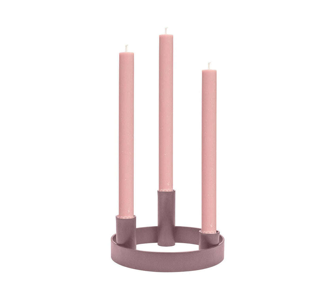 Old Rose painted mild steel Candelabra Ring, front view on white, with three pink taper candles at varying heights.