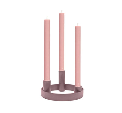 
                    
                      Old Rose painted mild steel Candelabra Ring, front view on white, with three pink taper candles at varying heights.
                    
                  