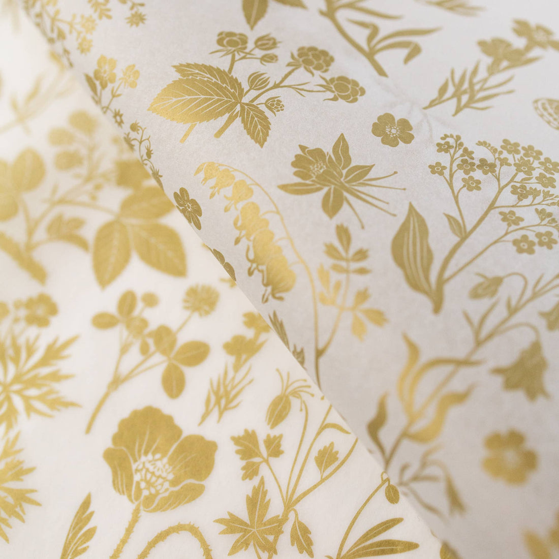 Gold Meadow tissue paper, folded close-up showing intricate gold botanical pattern on white paper.