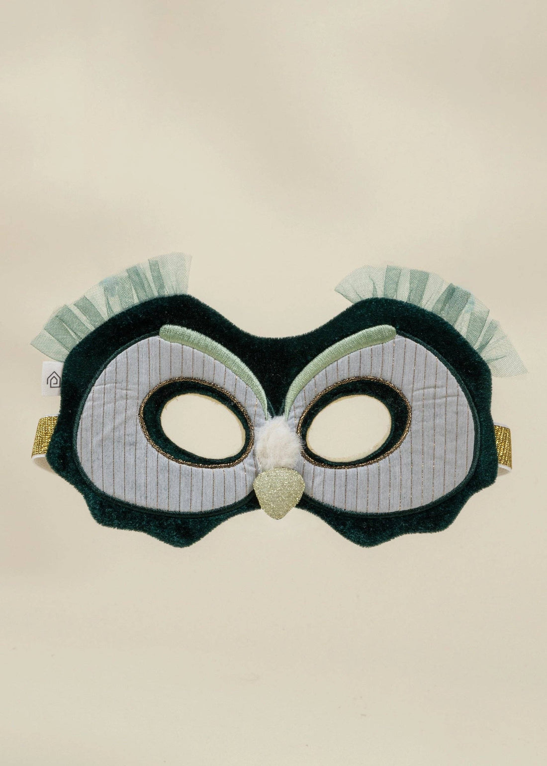 Fantastic Owl play mask, dark green velvet & grey striped fabric, light green tulle, gold glitter beak & white fluffy nose