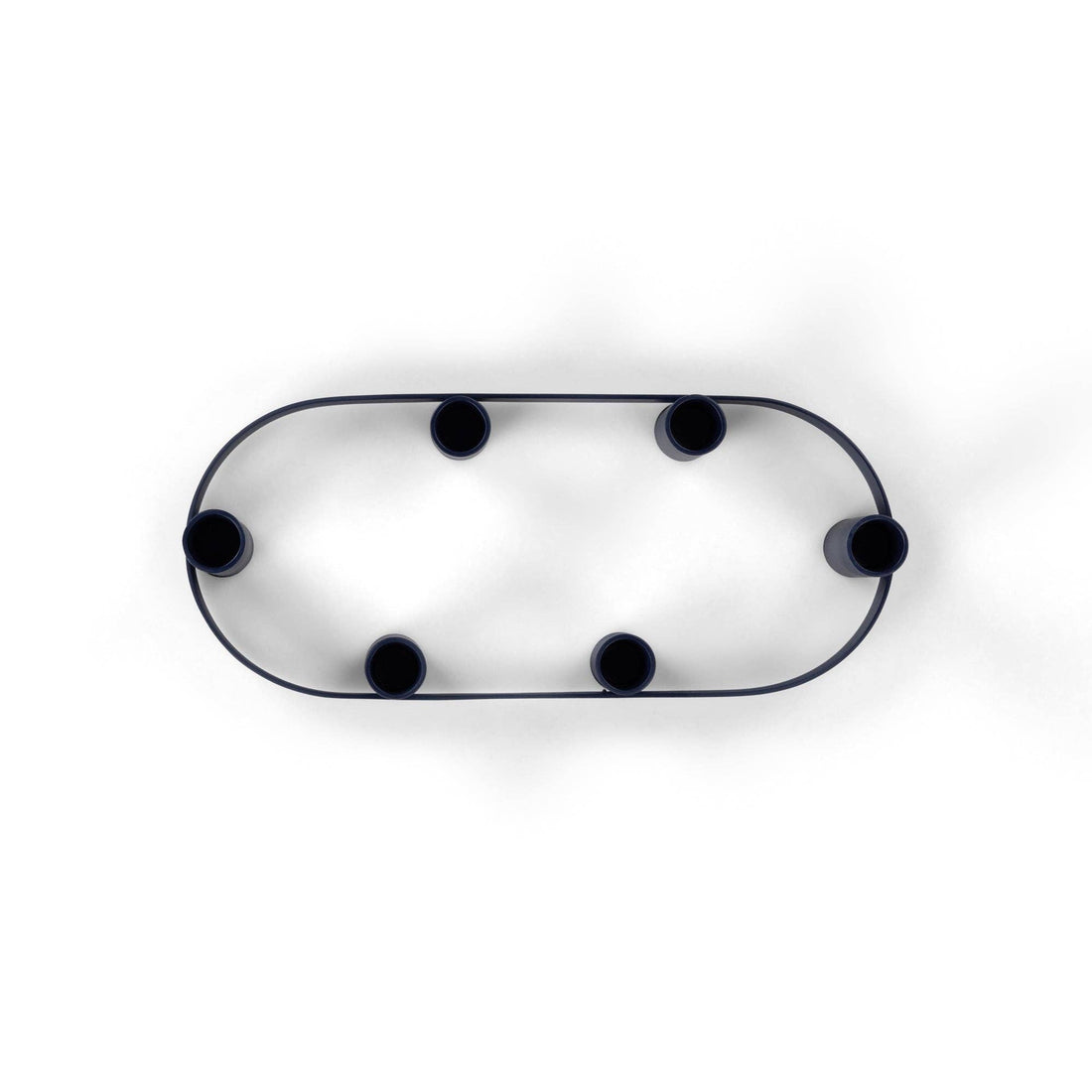 Oval Metal Candelabra Ring, midnight blue painted steel, top-down view showing six candle holders on white.