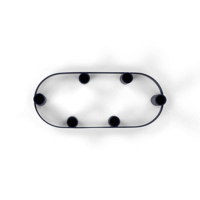 
                    
                      Oval Metal Candelabra Ring, midnight blue painted steel, top-down view showing six candle holders on white.
                    
                  