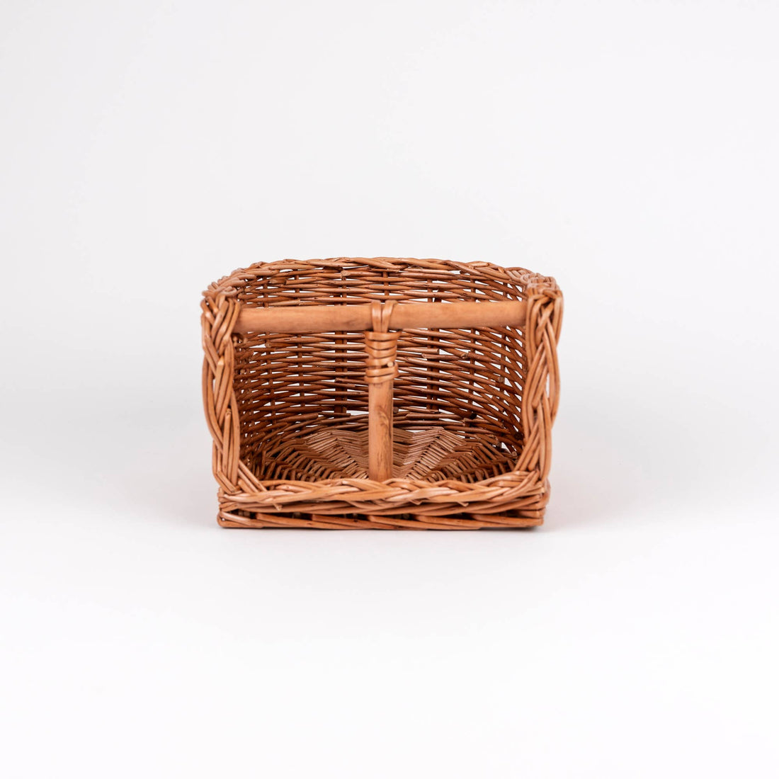 Wicker Bike Seat for Dolls, natural woven light brown wicker, front view showing open seat and internal support bar
