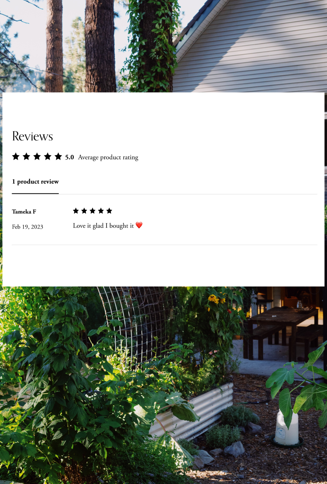 Screenshot displaying customer reviews: 'Reviews', 5.0 average rating, and Tameka F's 'Love it glad I bought it ❤️' comment.