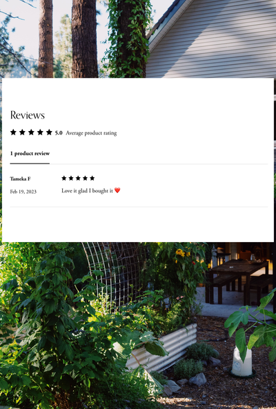 
                    
                      Screenshot displaying customer reviews: 'Reviews', 5.0 average rating, and Tameka F's 'Love it glad I bought it ❤️' comment.
                    
                  