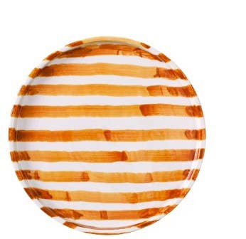 
                    
                      Striped Ceramic Plate, orange and white stripes, single plate top view on white.
                    
                  