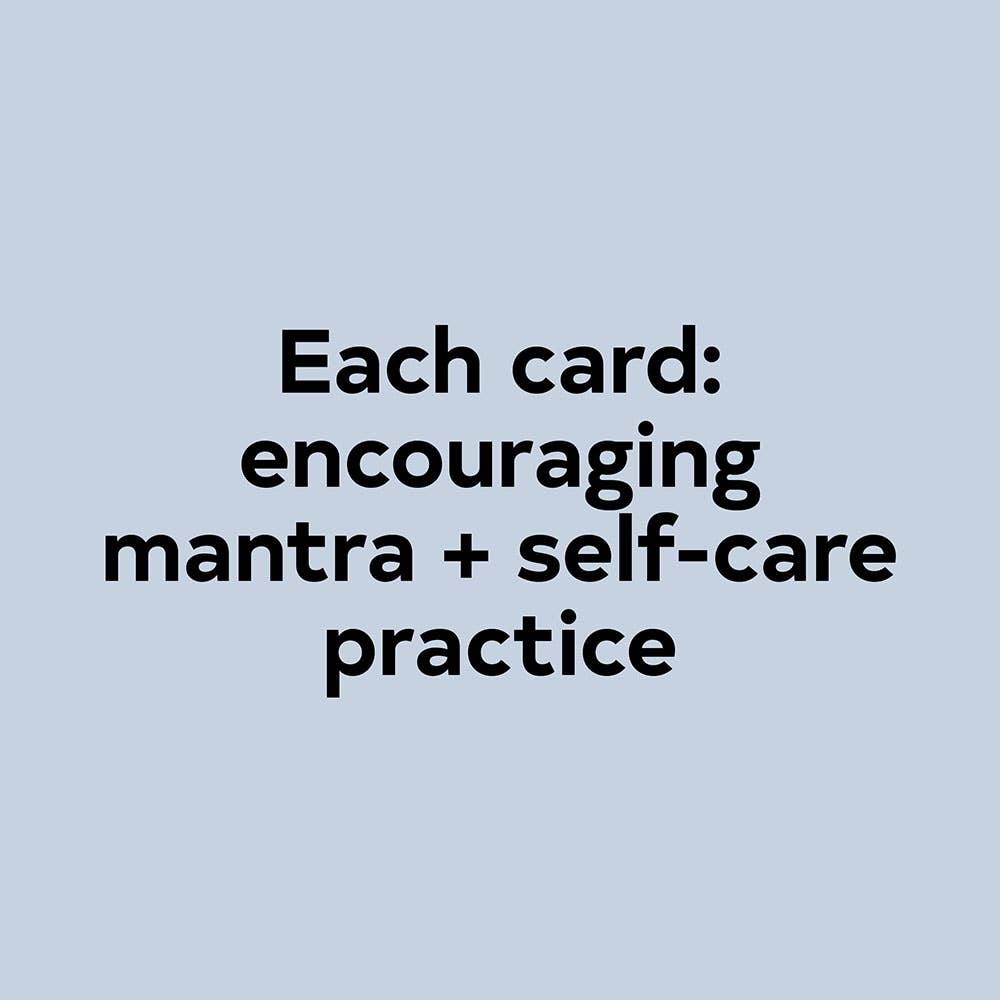 Calm The Chaos Cards mindfulness deck, close-up of card detail with black text: 'Each card: encouraging mantra + self-care…