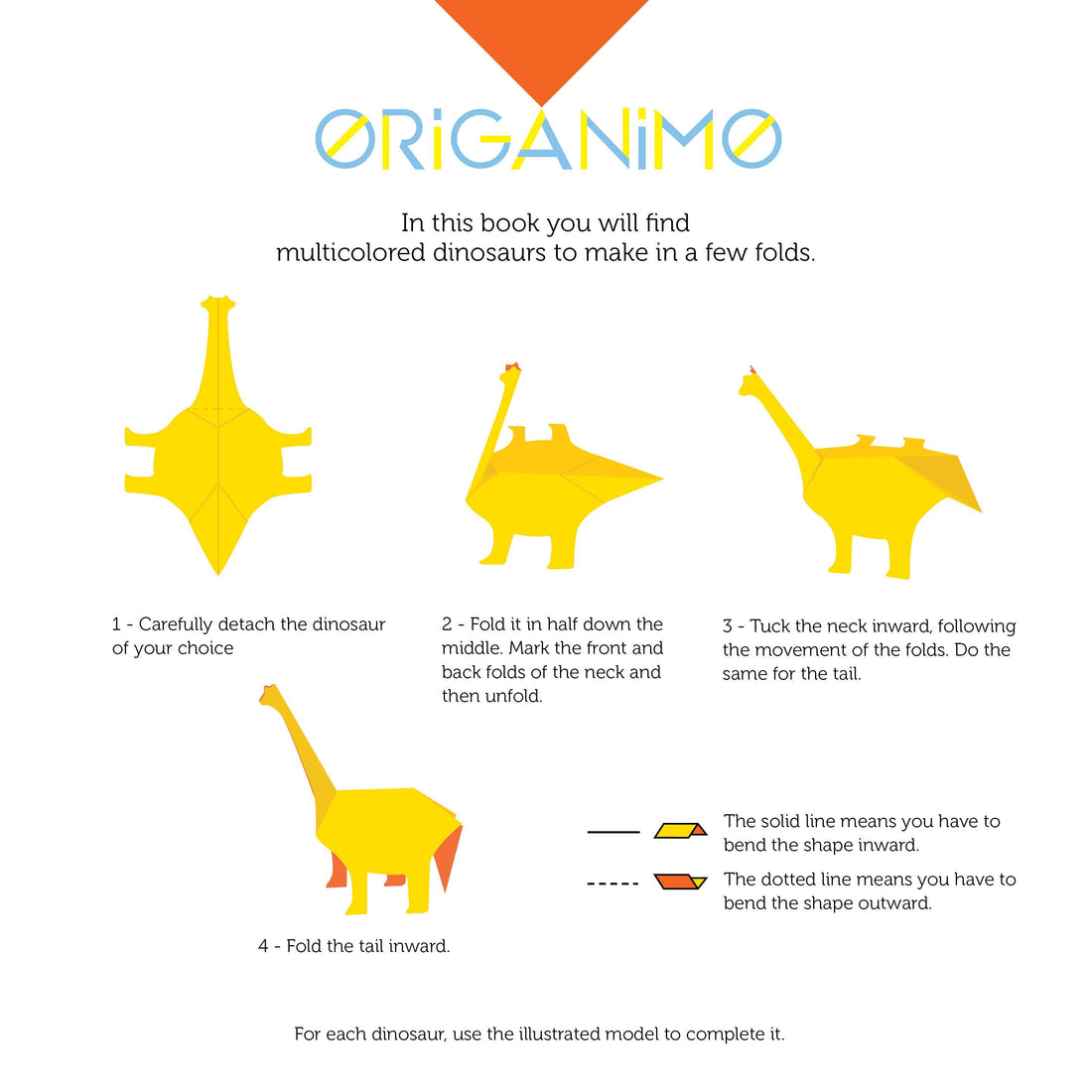 Dinosaurs Fold & Play Origami Kit instructions page, showing steps to fold a yellow paper Brontosaurus.