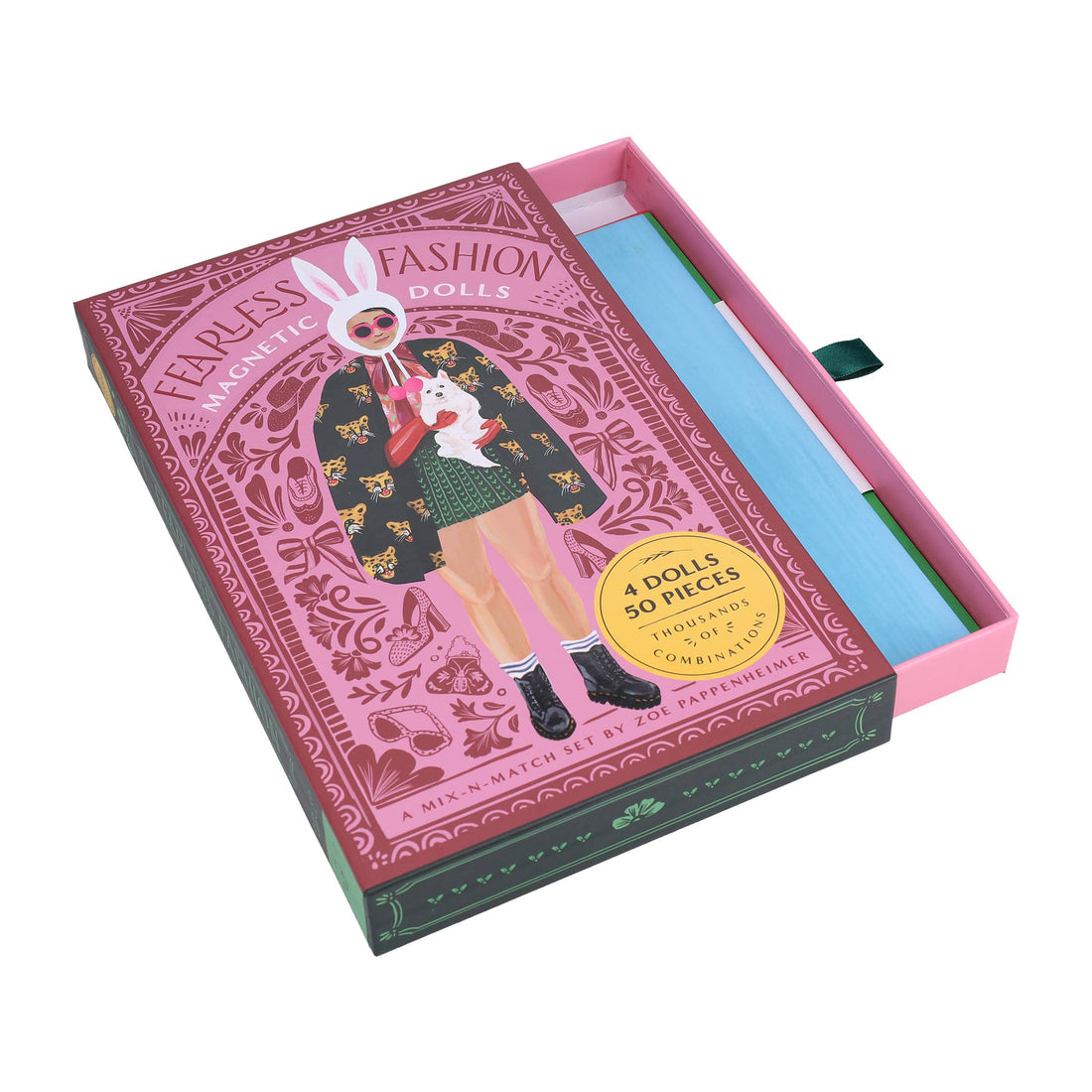 Fearless Fashion Magnetic Dolls set, angled view of partially open pink and dark green box, revealing blue interior contents.