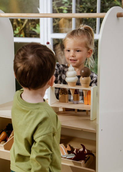 
                    
                      Wooden Ice Cream Stand play set, natural wood, children playing with white & brown ice cream cones, close interactive view.
                    
                  