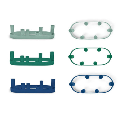 
                    
                      Oval Metal Candelabra Ring in midnight blue, dark green, and light green. Each shown in side and top-down views.
                    
                  