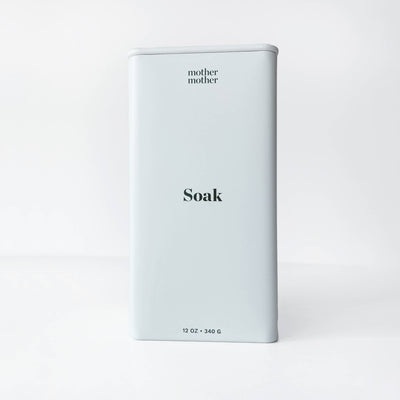 
                    
                      Mother Mother Magnesium Bath Soak, pale grey metal tin with 'Soak' in black lettering, front view on white.
                    
                  