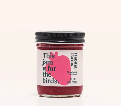 
                    
                      Habitat Farms Strawberry Rhubarb Jam, glass jar with black lid and white label, featuring pink bird graphic, front view on…
                    
                  