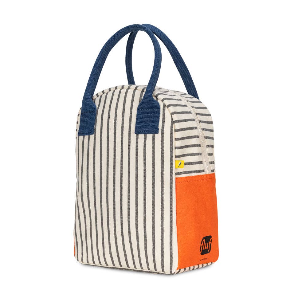 Fluf Pencil Stripe Nautical lunch bag, cream and grey vertical stripes with blue handles and orange base, 3/4 side view.