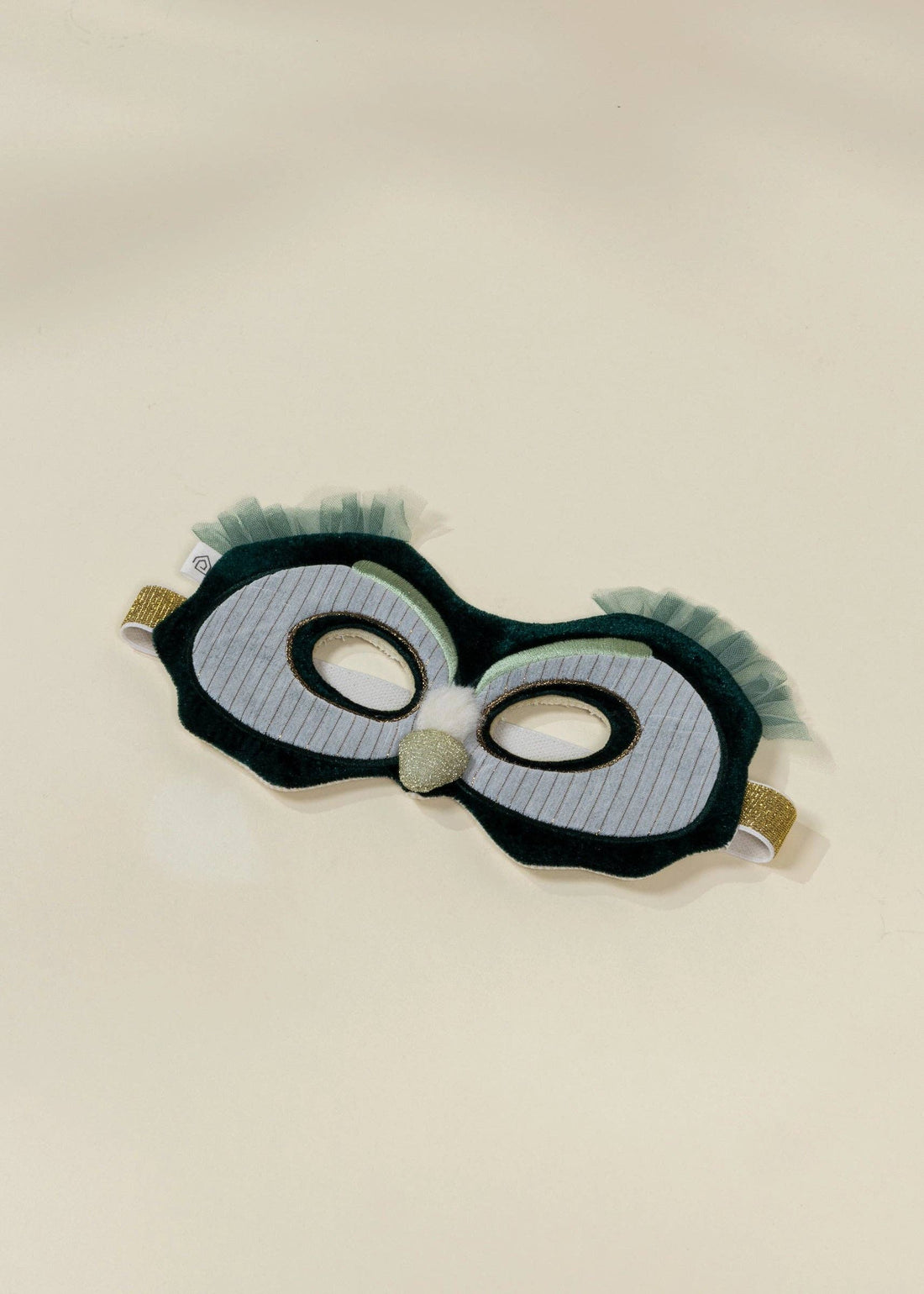Coco Village Fantastic Owl play mask, dark green felt, striped light blue fabric, gold glitter, light green tulle