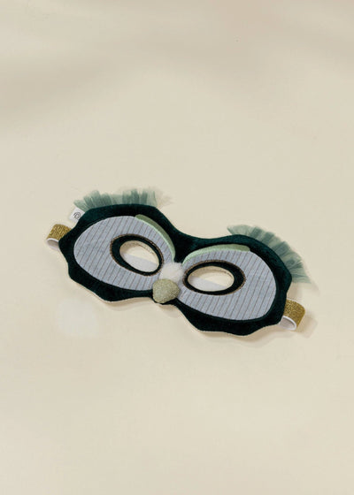 
                    
                      Coco Village Fantastic Owl play mask, dark green felt, striped light blue fabric, gold glitter, light green tulle
                    
                  