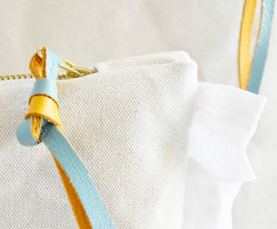 
                    
                      Ruffle Cotton Zipper Pouch, close-up of gold zipper and knotted blue and yellow leather pull. Natural cotton texture, white…
                    
                  