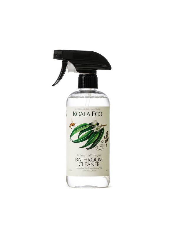 Koala Eco Eucalyptus Multi-Purpose Bathroom Cleaner, clear spray bottle with black nozzle and botanical label, front view on…