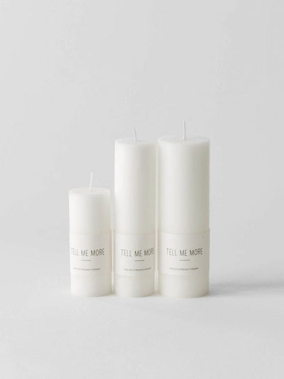 
                    
                      Three Tell Me More Luna Stearin Candles in varying heights, white pure stearin cylinder candles, front view.
                    
                  
