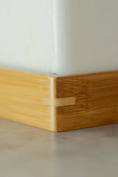 
                    
                      Moso Bamboo Soap Shelf, light brown bamboo, close-up of interlocking corner joint.
                    
                  