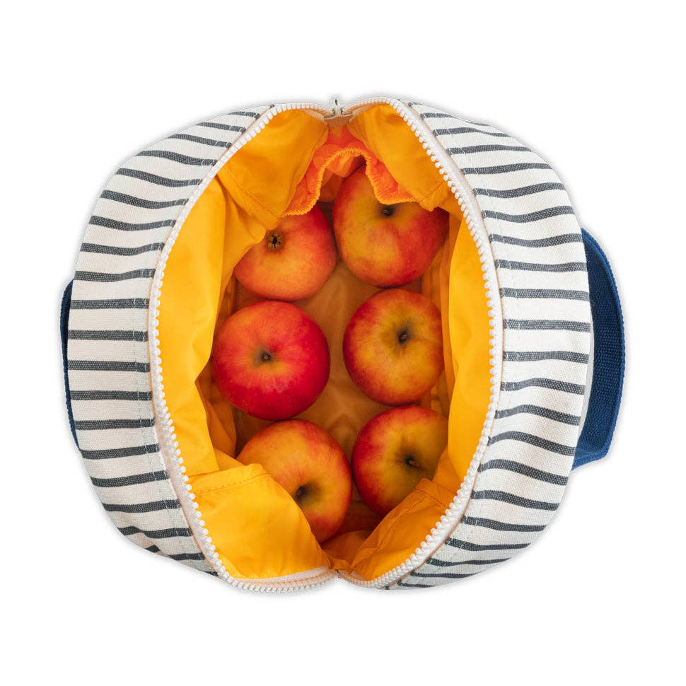 Pencil Stripe Nautical lunch bag, white and grey striped exterior, open top view showing yellow interior filled with red…