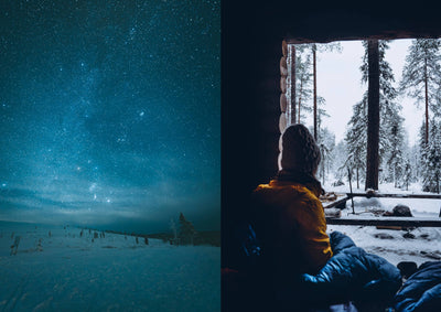
                    
                      Food Over the Campfire: Winter landscape with dark blue starry night sky, person inside log cabin gazing at snowy pine…
                    
                  