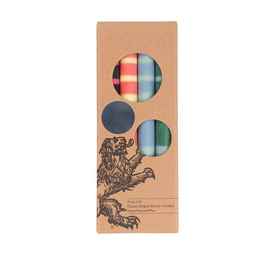 
                    
                      Striped Red & Blues Pack dinner candles. Kraft box packaging shows red, blue, yellow, and green striped candles through…
                    
                  