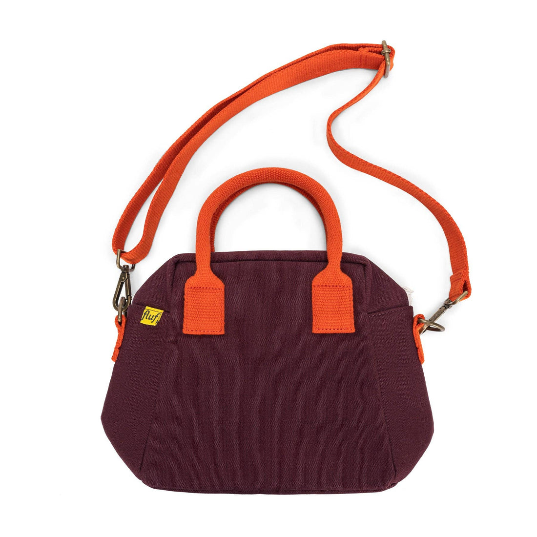 Lunch Clutch - Fig lunch bag, fig-colored organic cotton with bright orange handles and extended detachable shoulder strap.