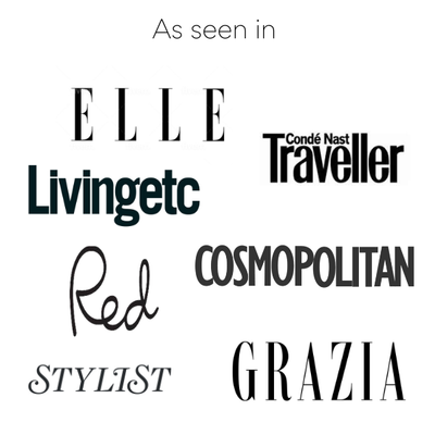 
                    
                      “As seen in” graphic featuring logos for ELLE, Livingetc, Condé Nast Traveller, Red, Cosmopolitan, Stylist, and Grazia
                    
                  