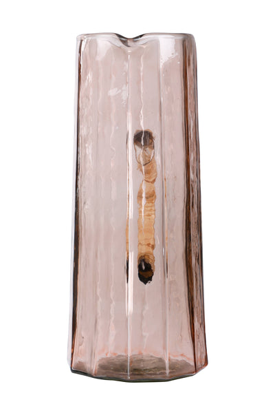 
                    
                      Handblown Hammered Glass Pitcher, rose-tinted glass with visible hammered texture, front view on white.
                    
                  