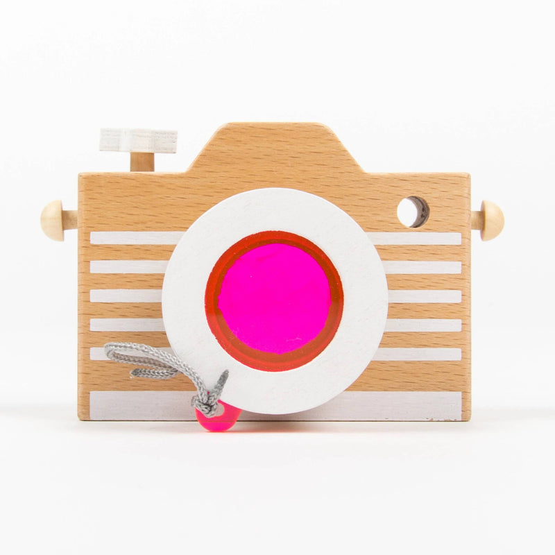 kiko+ & gg* Kaleidoscope Play Camera, natural beechwood toy with white stripes, magenta acrylic lens, grey cord, pink bead,…