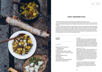 
                    
                      Food Over the Campfire print book, interior two-page spread featuring Forest Mushroom Pasta with pappardelle, mushrooms, and…
                    
                  