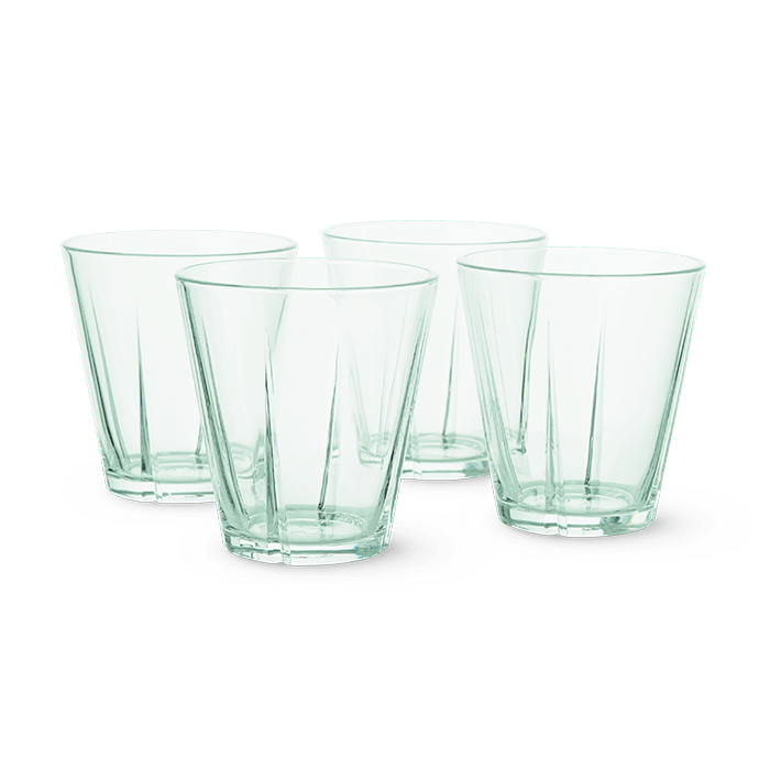 Danish Design Collective Grand Cru recycled glass tumblers, set of 4, clear with distinctive vertical facets, front on white.