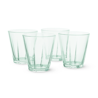 
                    
                      Danish Design Collective Grand Cru recycled glass tumblers, set of 4, clear with distinctive vertical facets, front on white.
                    
                  