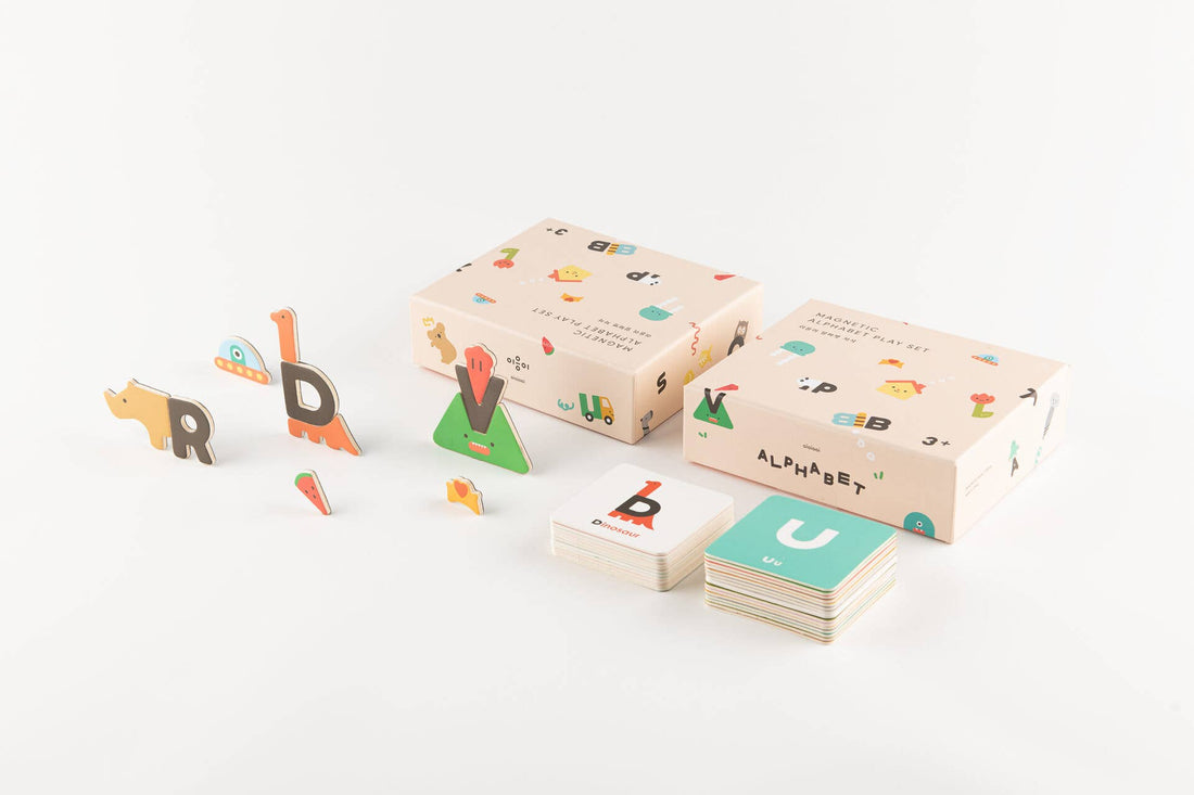 Magnetic Alphabet Play Set, multicolored magnetic letters and shapes (R, D), plus illustrated flashcards and two decorative…