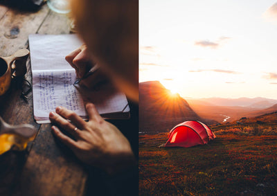 
                    
                      Food Over the Campfire print book, split view: person writing in a notebook and a red tent in mountain sunset.
                    
                  