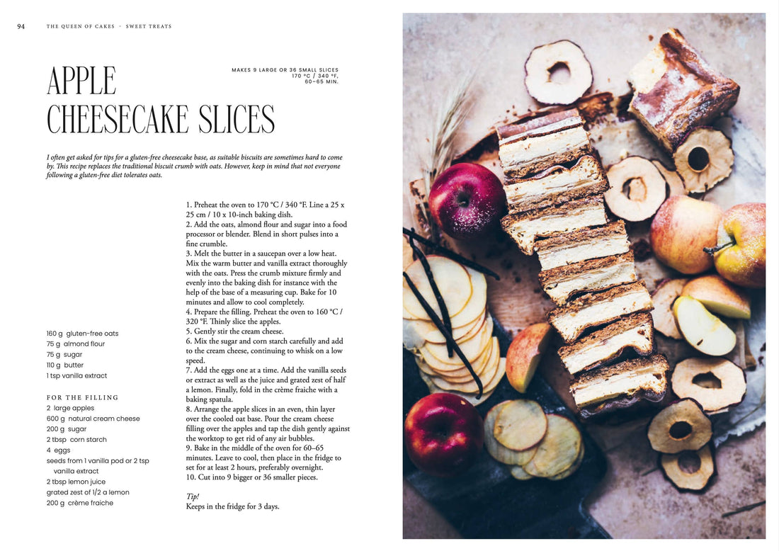 Queen of the Cakes book: Apple Cheesecake recipe page with overhead photo of gluten-free slices, fresh and dried apples,…