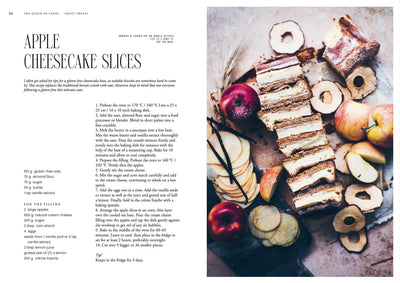 
                    
                      Queen of the Cakes book: Apple Cheesecake recipe page with overhead photo of gluten-free slices, fresh and dried apples,…
                    
                  