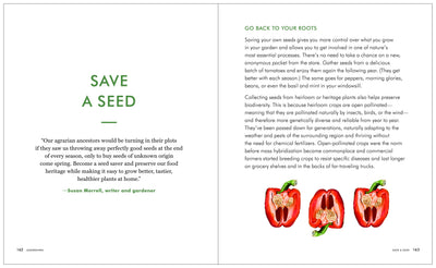 
                    
                      Chronicle Books The Kaufmann Mercantile Guide print book, open to 'SAVE A SEED' pages, showing red bell pepper illustration.
                    
                  