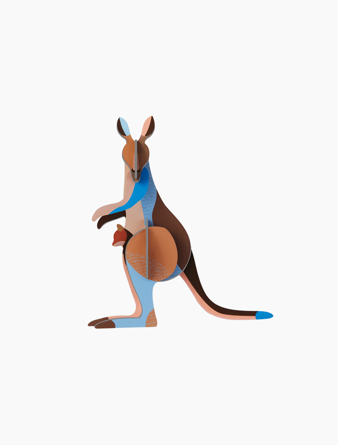 Studio Roof 3D Kangaroo build kit, recycled cardboard, abstract blue, brown, and tan patterns, front view on white.