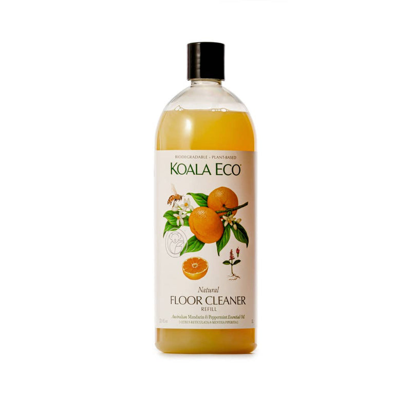 Koala Eco Mandarin & Peppermint Floor Cleaner Refill, clear bottle, black cap, yellow liquid, mandarin orange label, front…