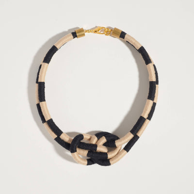 
                    
                      Sasha Checkered Double Dragon necklace, black and beige checkered textile, brass clasp, flat lay on white.
                    
                  