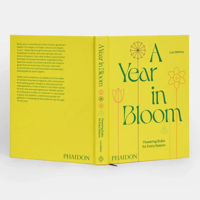
                    
                      A Year In Bloom Phaidon book, bright yellow cover with green title and full, readable back cover text, plus spine view.
                    
                  