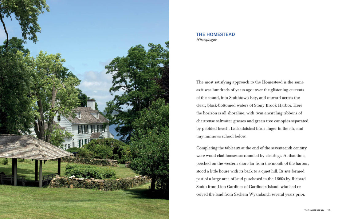 Americana: Farmhouses and Manors book, open page showing The Homestead white house by water and descriptive text.