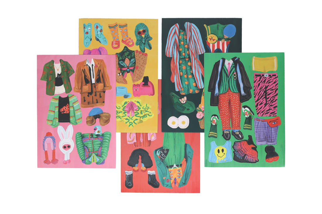 Fearless Fashion magnetic doll set, an overlapping collage of diverse paper outfits and accessories with vivid patterns.