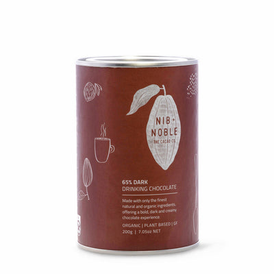 
                    
                      Nib + Noble Organic Dark Drinking Chocolate hot chocolate mix, dark brown canister with white text and silver lid, front…
                    
                  