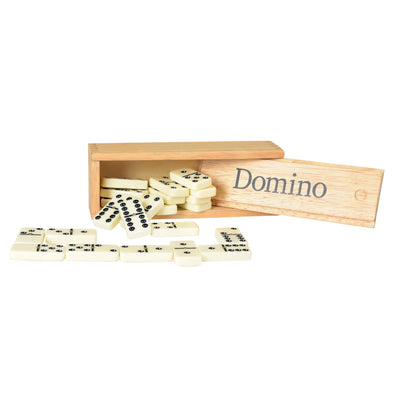 
                    
                      Dominos Game Set, light wood box open, with "Domino" on lid, many cream dominoes with black pips scattered out.
                    
                  