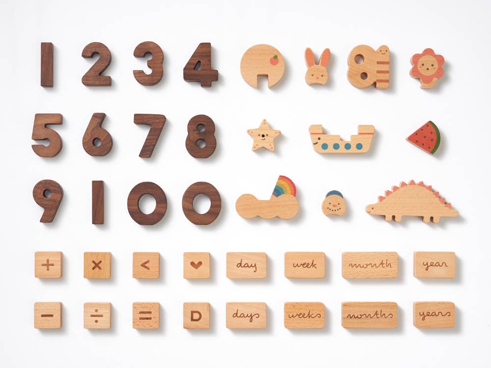 Numbers Play Block Set, full learning toy set with dark walnut numbers 1-10, light beech wood shapes, math symbols, and time…