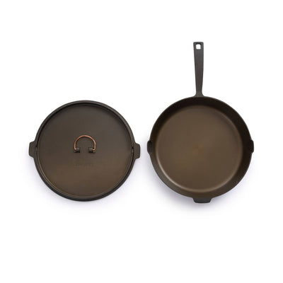 
                    
                      Barebones 12" Cast Iron Skillet and Dutch Oven Lid, with copper handle, flat top view, components separated.
                    
                  